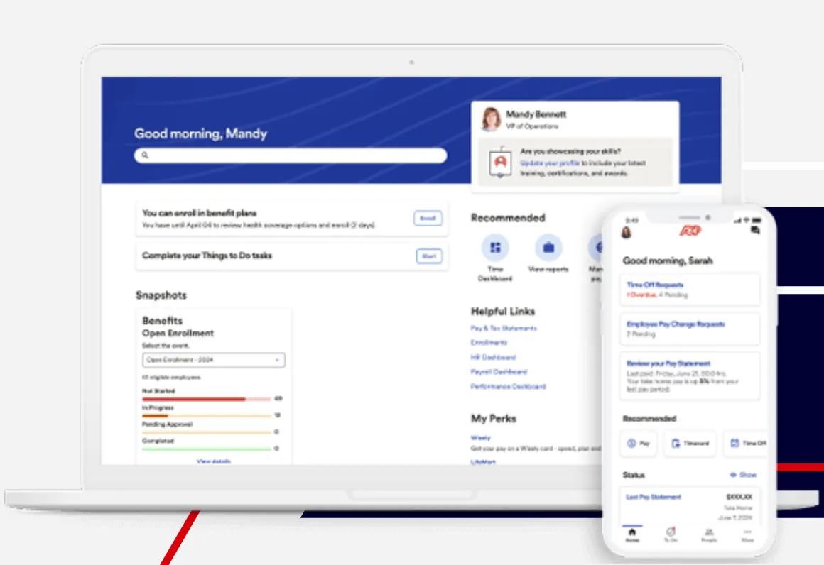ADP Workforce Now home screen with benefits enrollment snapshot, next to the ADP mobile app