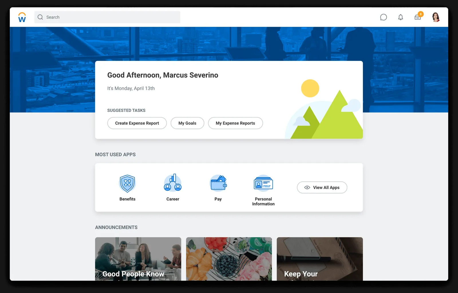 Workday HCM employee home with suggested tasks and most used apps